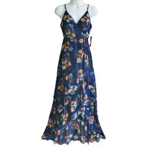 NEW Lulus Maxi Surplice Dress Navy Floral Hippie Boho Prom Halter Lined Zip Back